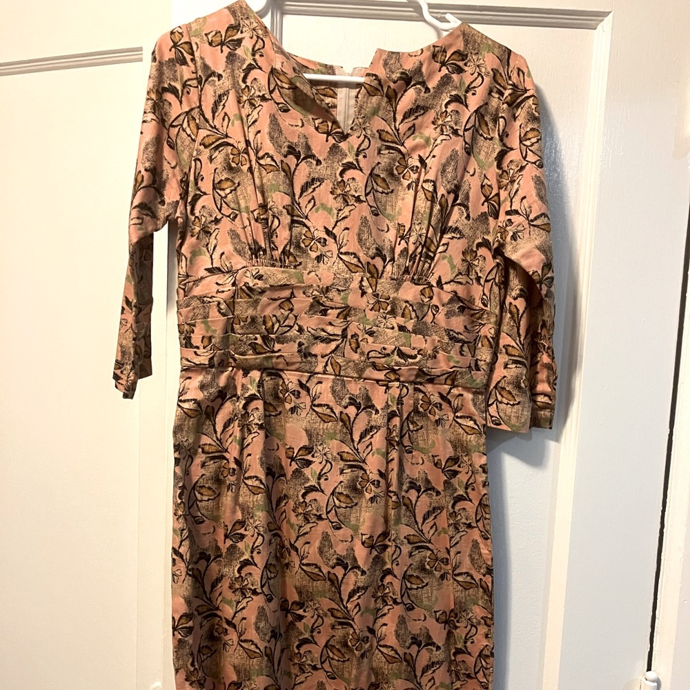 Vintage Floral Midi Dress in Pink and Brown